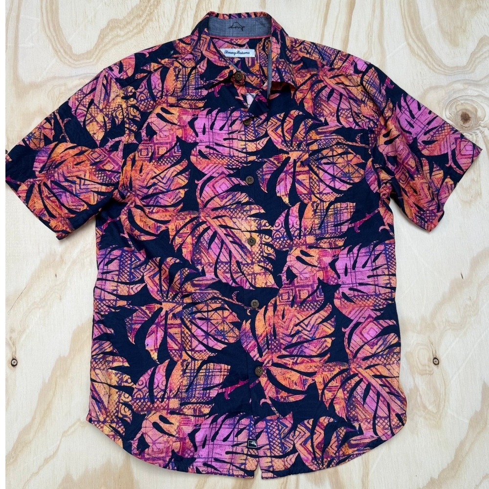 Tommy Bahama Mens Small Cotton Silk Tropical Leaf Print Button Down Shirt Navy